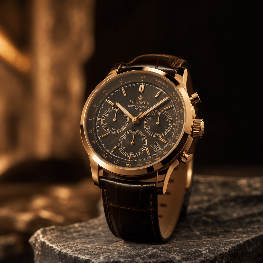 Luxury chronograph watch on stone pedestal with warm studio lighting, precise horological detail, dark professional back
