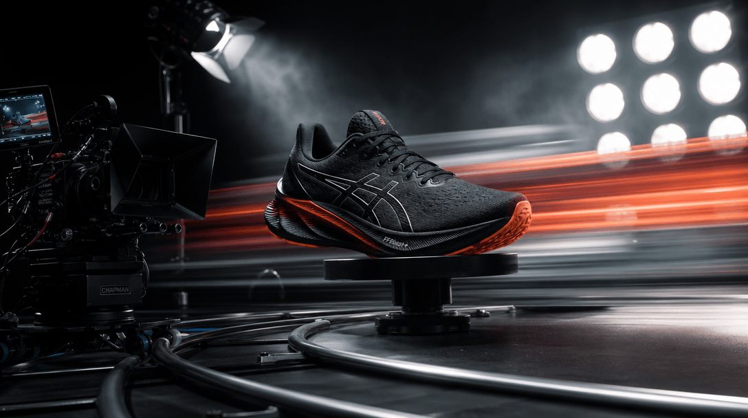 Sports product in dramatic studio setup with professional lighting rigs, camera dolly tracks visible, motion blur effect