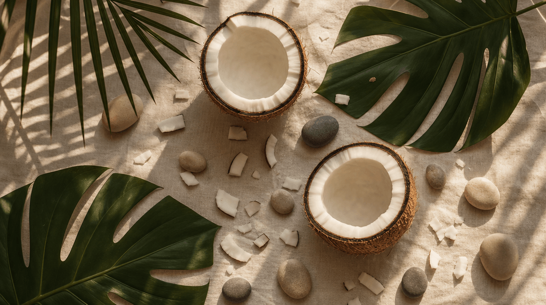 Overhead editorial flat-lay arrangement: two coconut halves, large tropical leaves, scattered coconut shavings, smooth r
