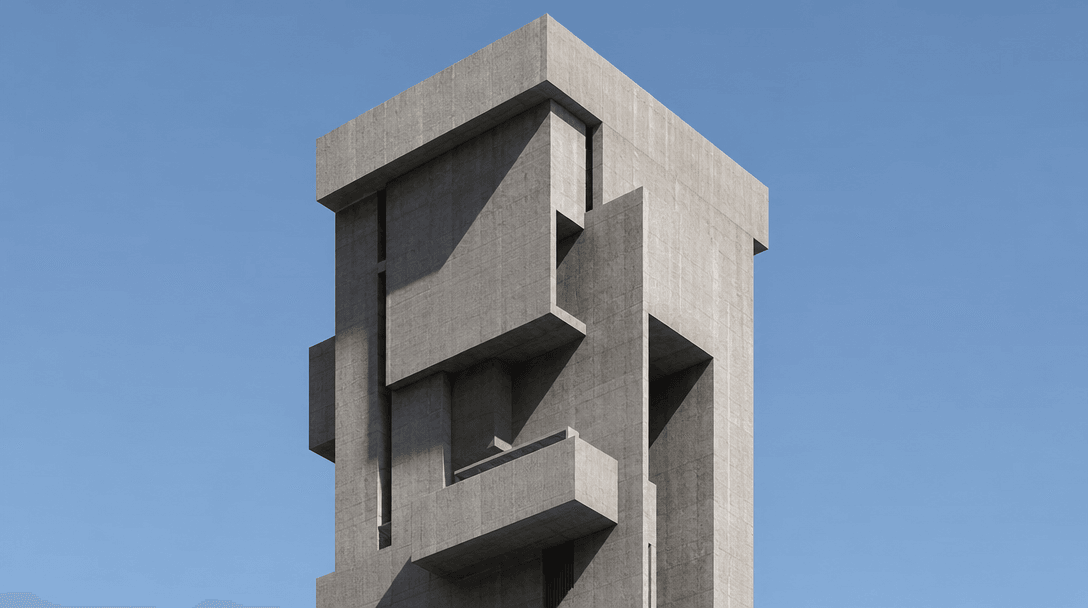Brutalist concrete tower architectural visualization still, sharp angular geometry with precise hard shadows under midda