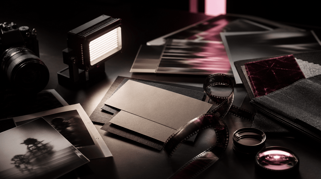 A dark editorial production table where still photography materials transition into cinematic objects: film strips, a co