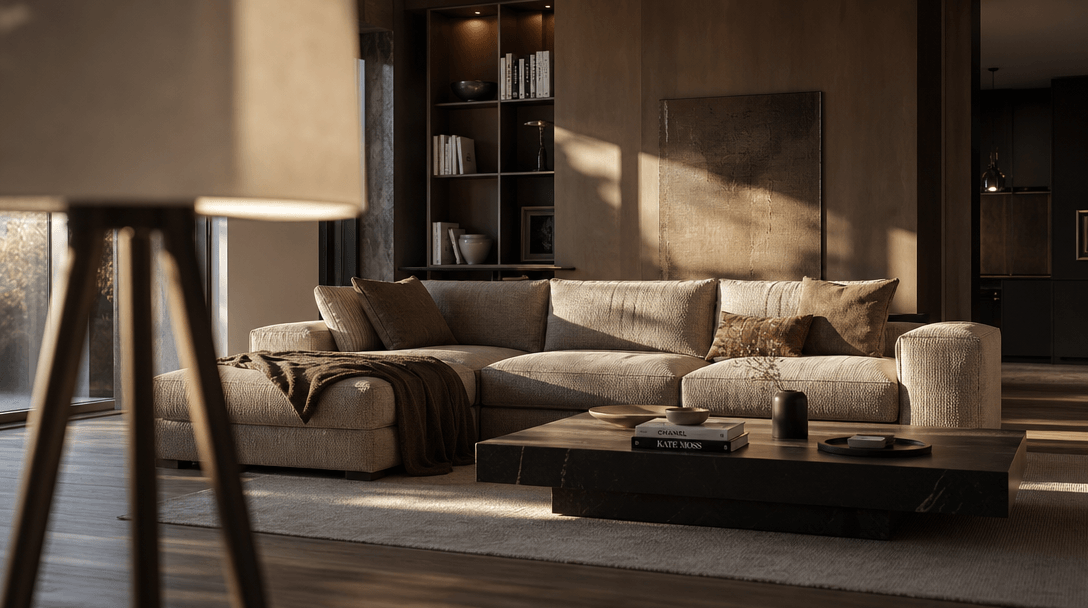 A slow cinematic camera drift through a contemporary living room, late afternoon side light raking across a textured lin