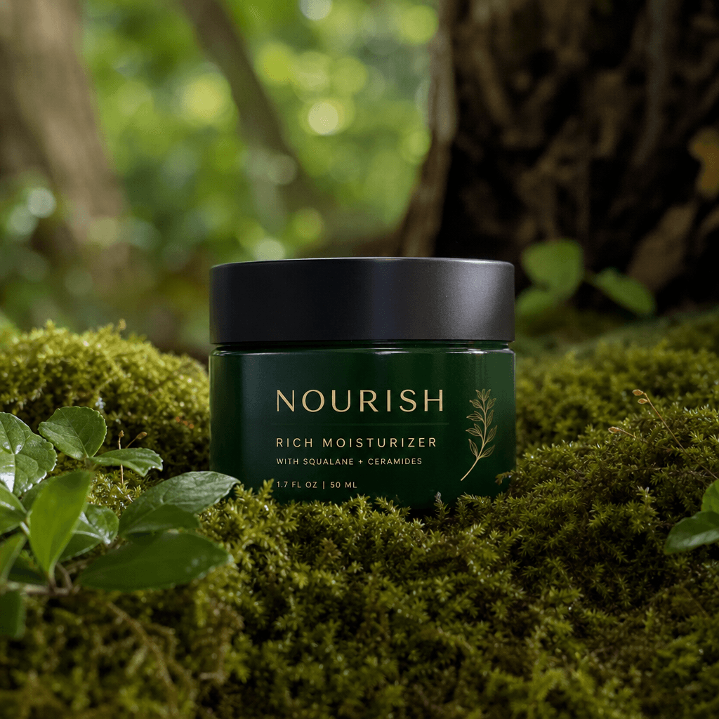 Skincare jar elegantly placed on moss, woodland setting, close-up beauty product photography, natural light, organic aes