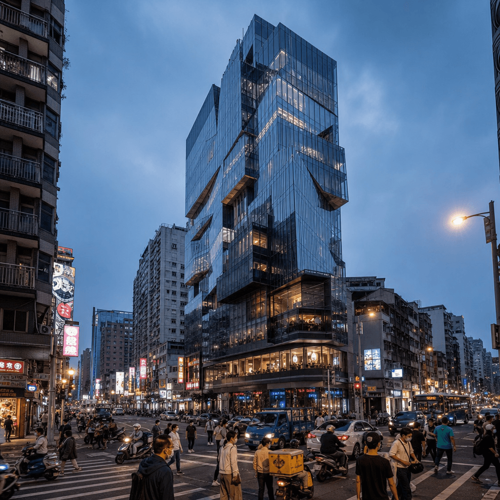 A glass-and-steel commercial tower integrated into a dense Asian city street at twilight. Neon shop signs glow at ground