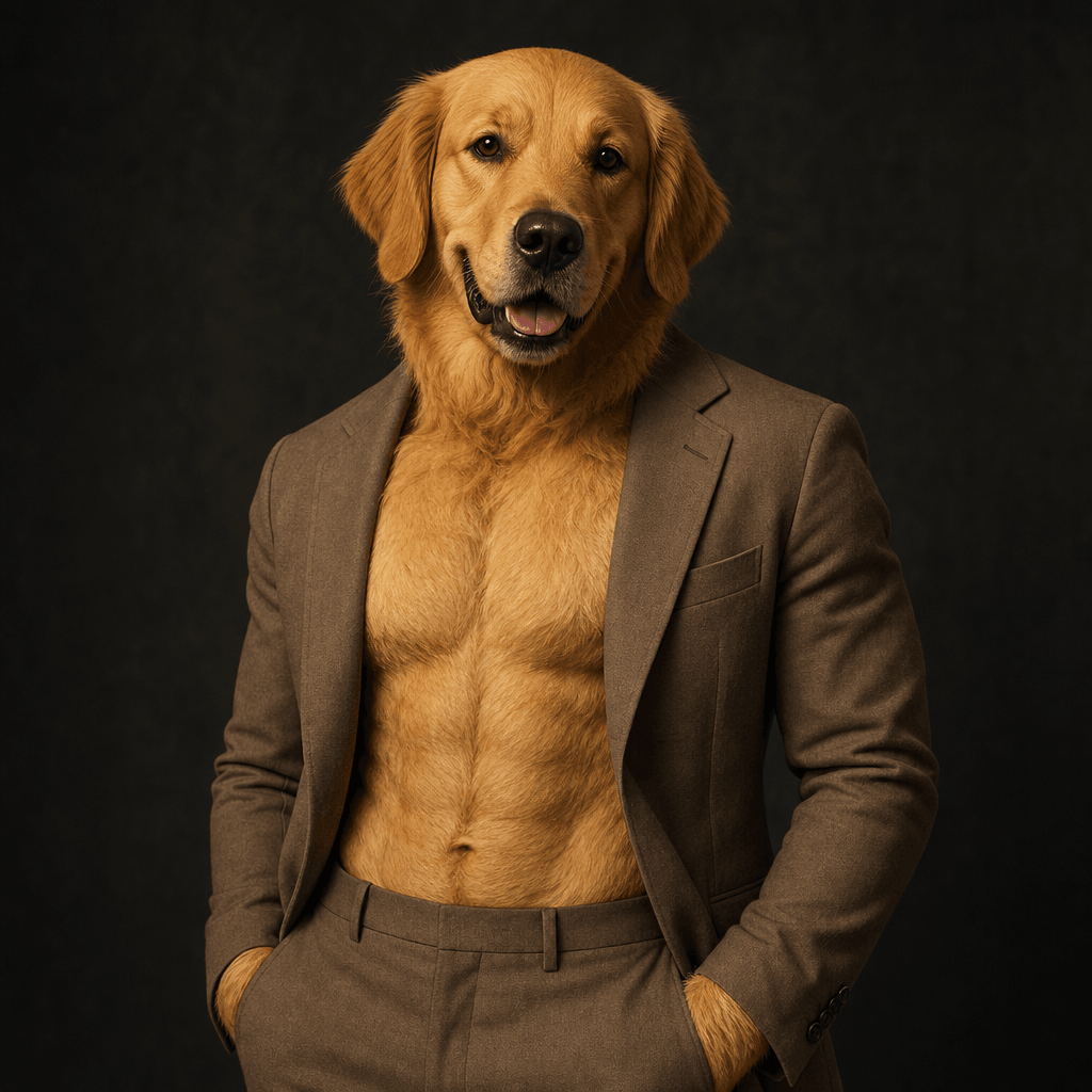Anthropomorphic golden retriever person with a warm confident expression and minimal tailored clothing, charcoal backdro