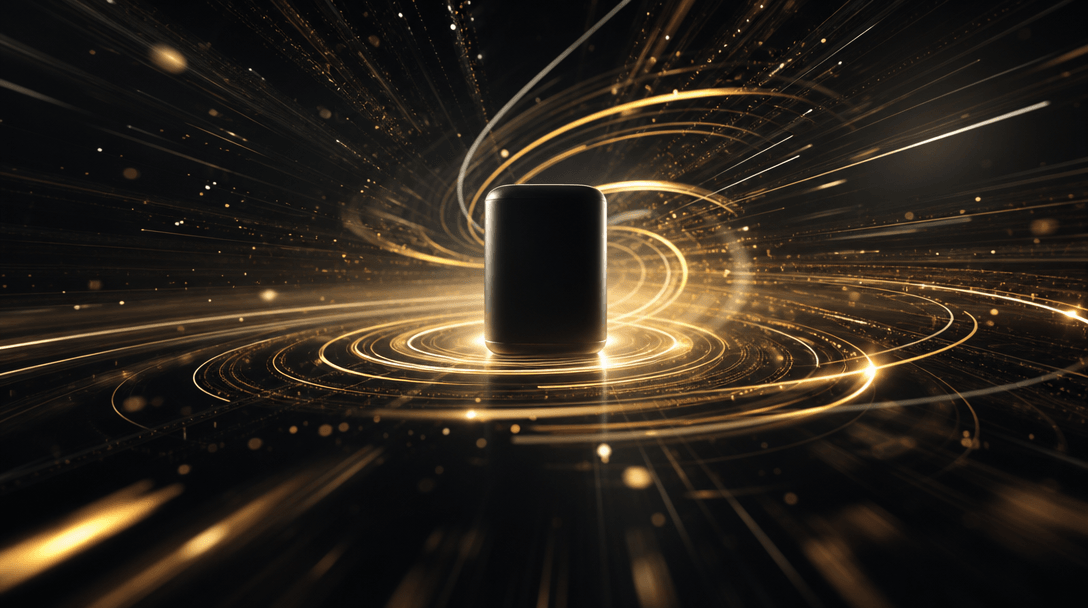 Abstract dark scene: a product silhouette at the center of concentric light trails and luminous particle streams radiati