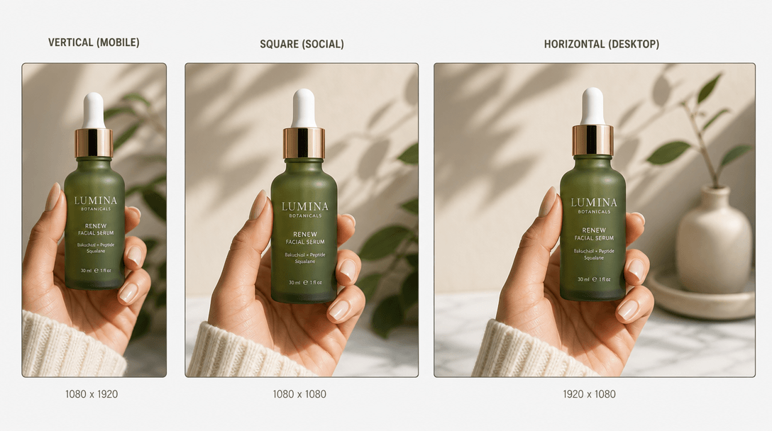 Product in hand rendered simultaneously in multiple formats - vertical mobile, square social, horizontal desktop - side 