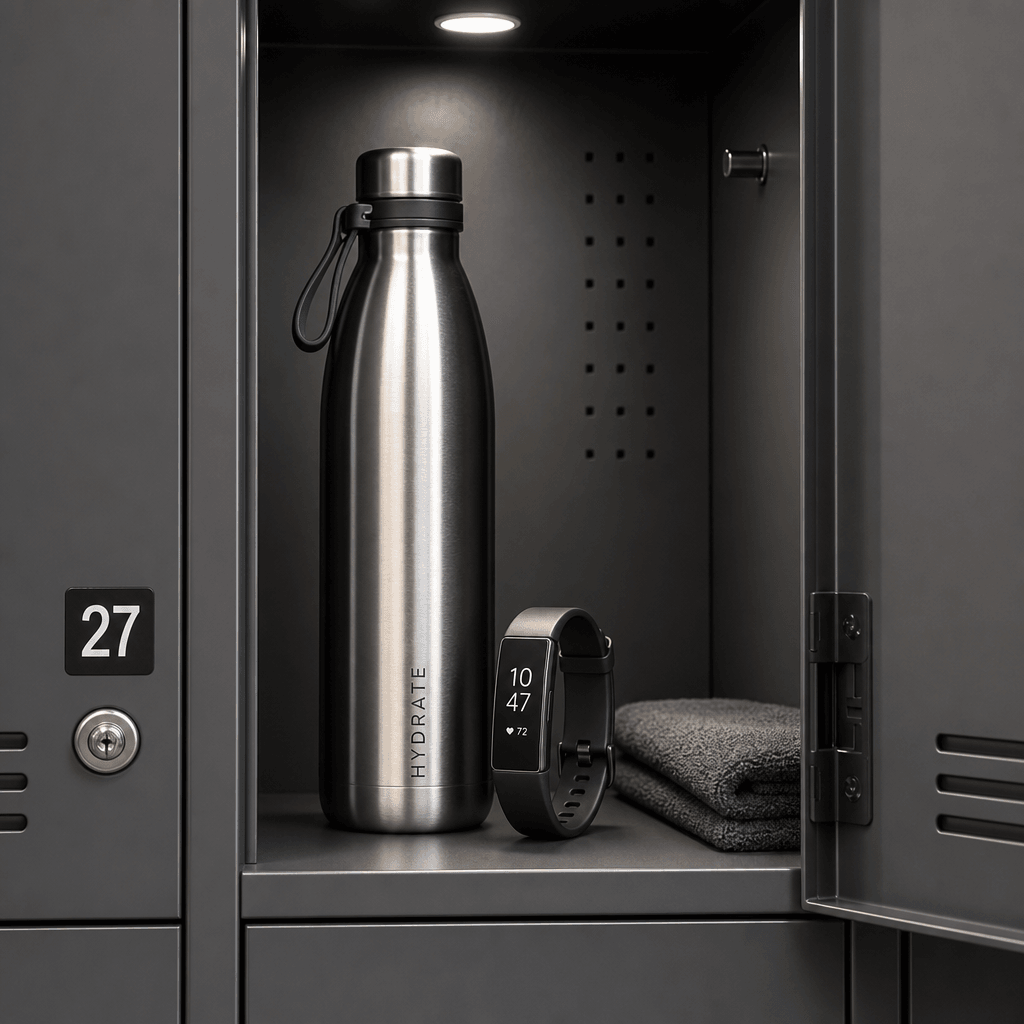 Stainless steel water bottle and fitness tracker arranged in locker compartment with minimalist design, bright overhead 