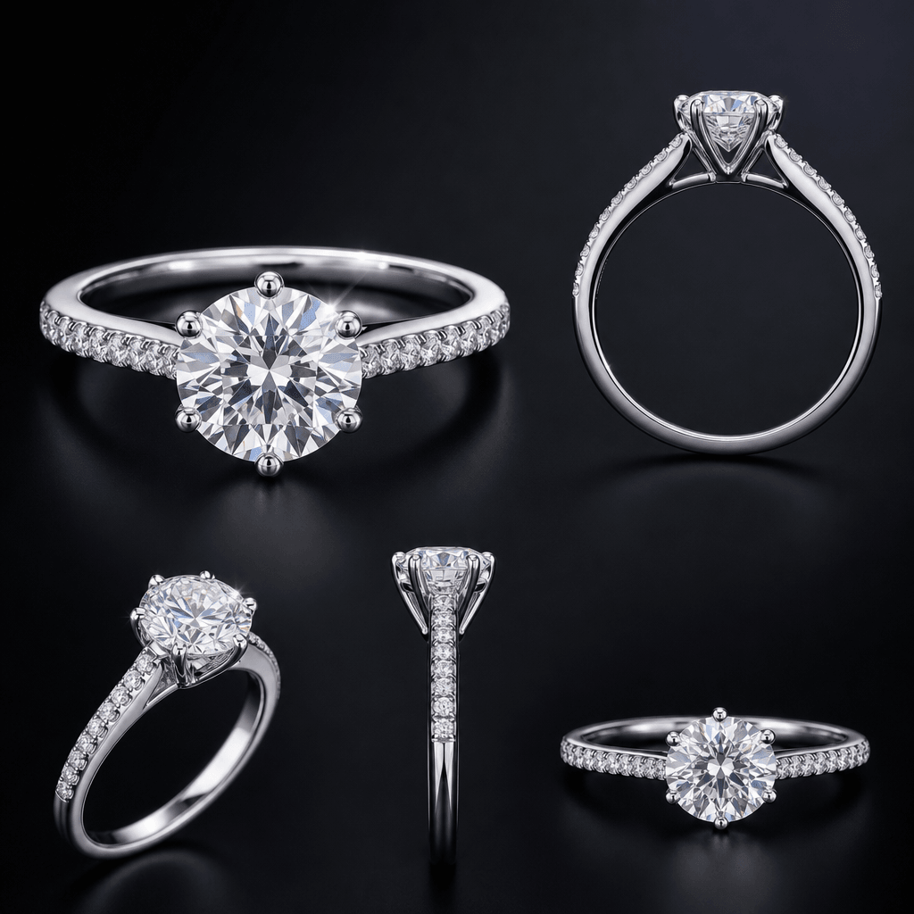 Sparkling diamond ring displayed from multiple angles, premium lighting, dark elegant background, high-end jewelry aesth