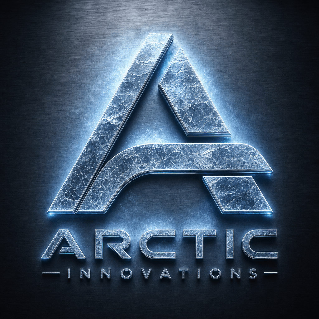 Modern logo with layered textures: brushed metal base with crystal ice texture overlay, dramatic backlighting effect