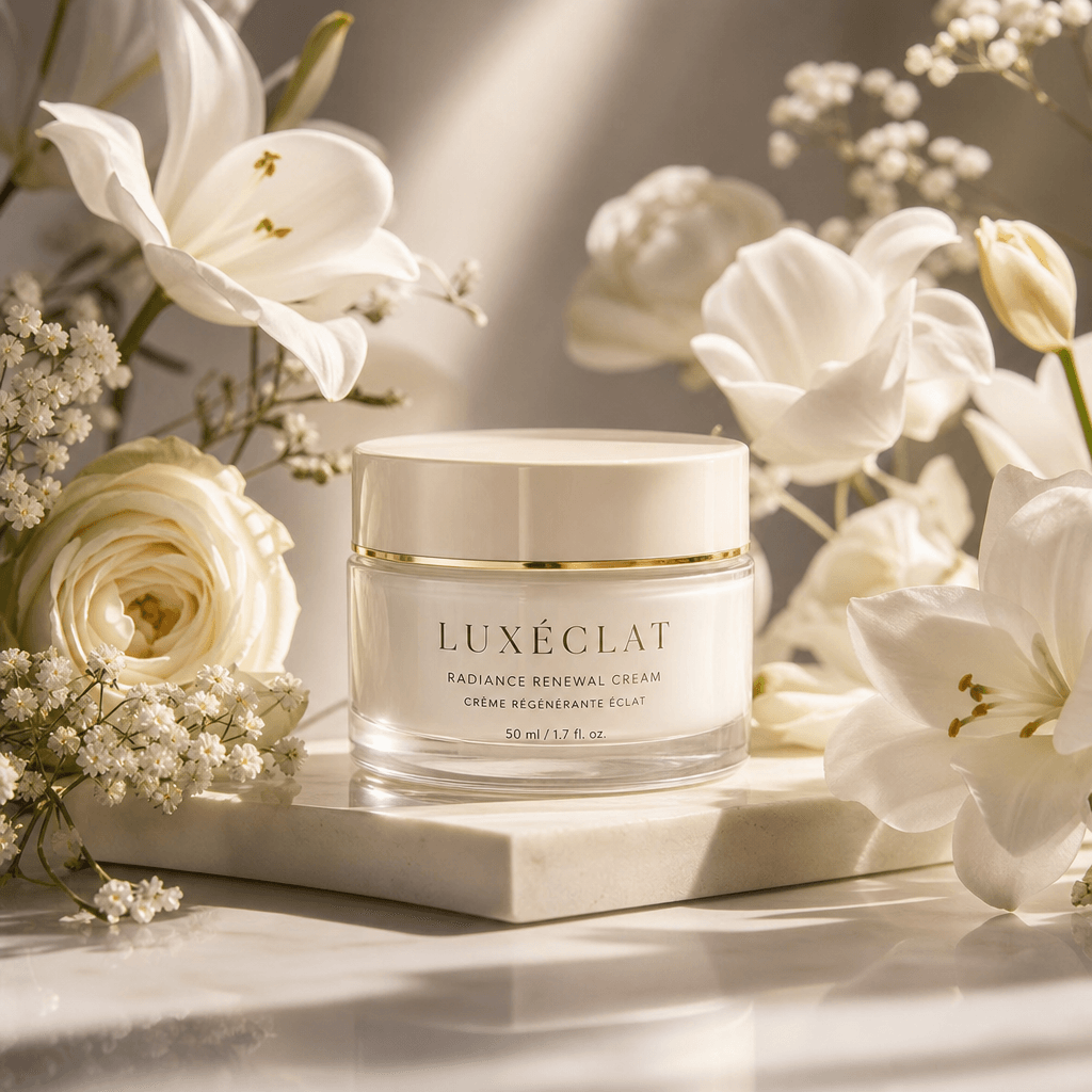 High-end skincare cream jar surrounded by fresh white flowers and soft morning light. Minimalist luxury still life, edit