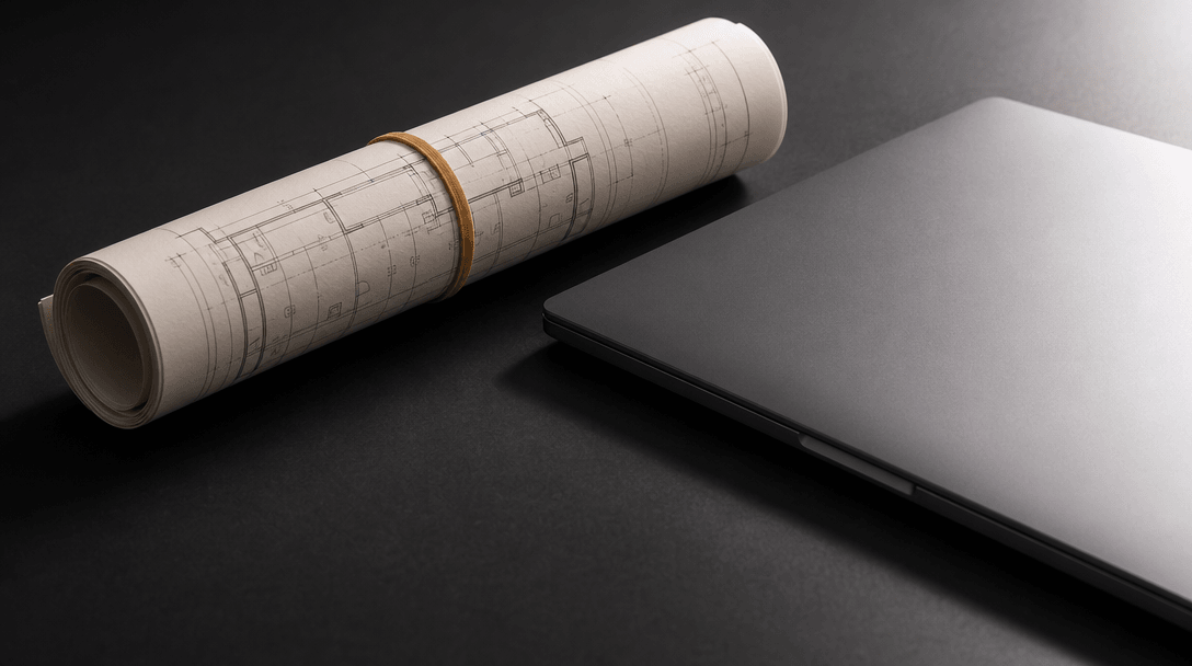 Elegant architectural still life on a dark matte desk: a rolled set of technical drawings secured with a rubber band bes