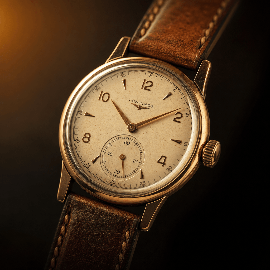 Vintage mechanical watch face close-up, warm golden hour lighting, leather strap detail, studio photography, dark moody 