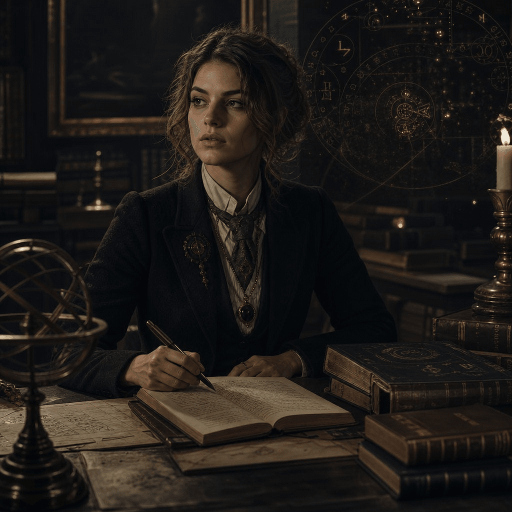 Dark academia portrait aesthetic, magical elements subtly integrated, professional character styling, fantasy atmospheri