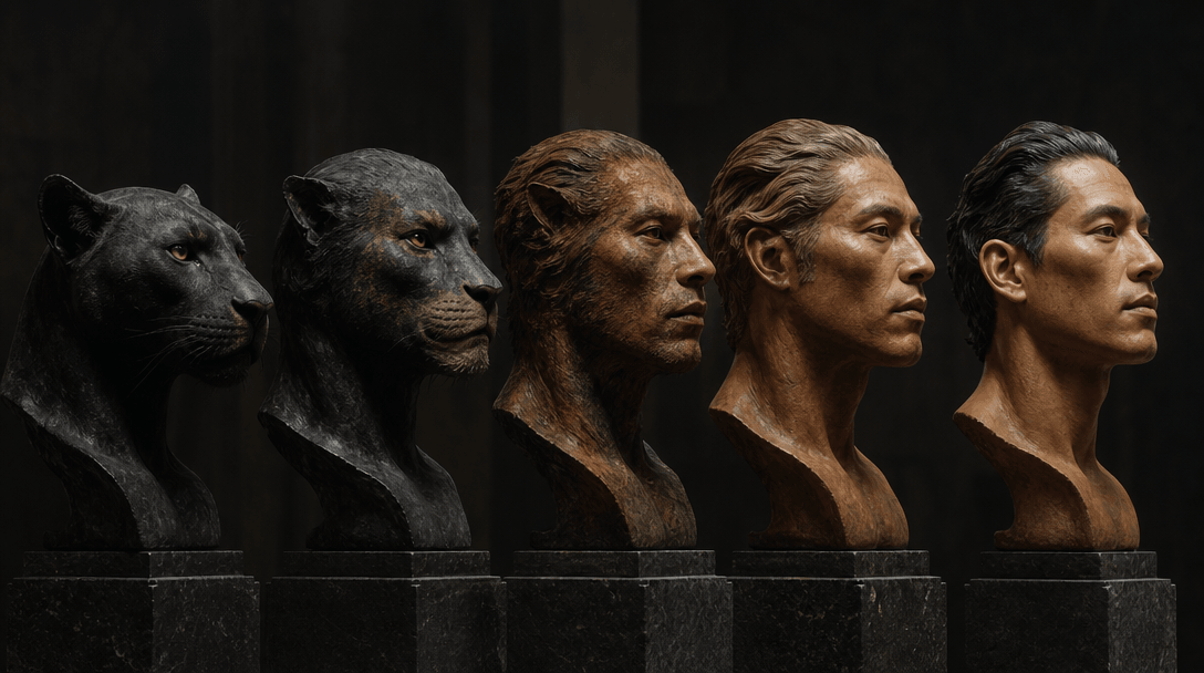 A museum-like lineup of sculptural human and animal facial forms gradually merging from one silhouette to another, black