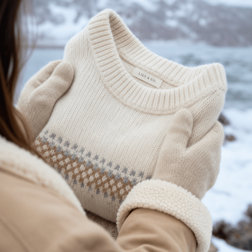 Winter sweater or fashion item held in gloved hands, soft natural lighting, lifestyle fashion photography, cozy brand ae