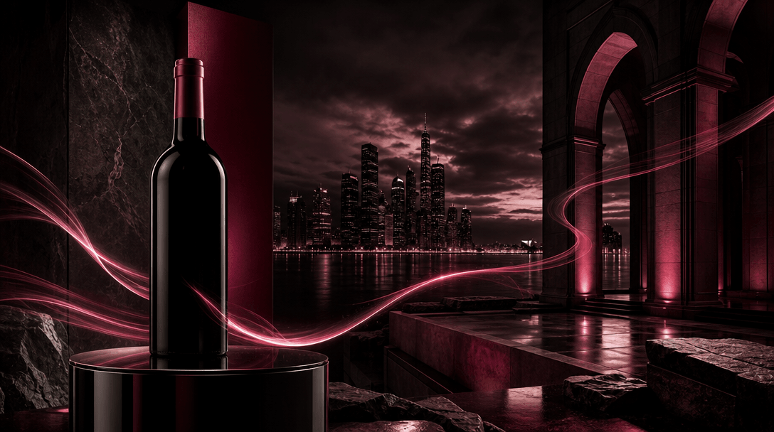 A cinematic arrangement of campaign-ready product scenes connected by ribbons of light: wine bottle, urban skyline, refl