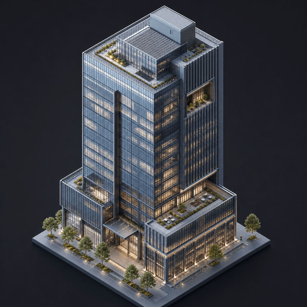 Isometric view of a modern office tower with glass and steel materials. Cool professional tones, perfect geometric persp