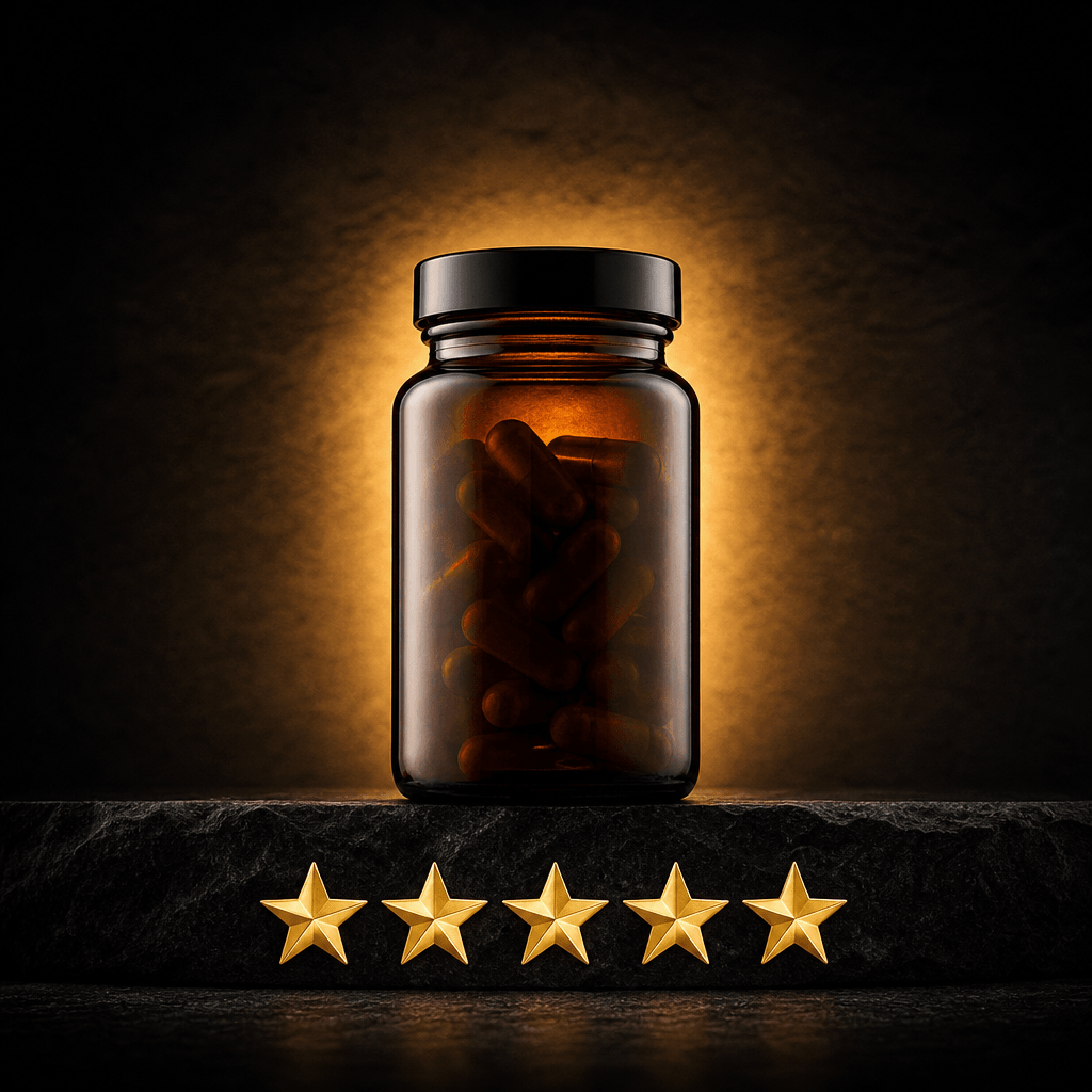 Product photography: an amber glass supplement jar on a deep charcoal surface, dramatic backlight creating a warm amber 
