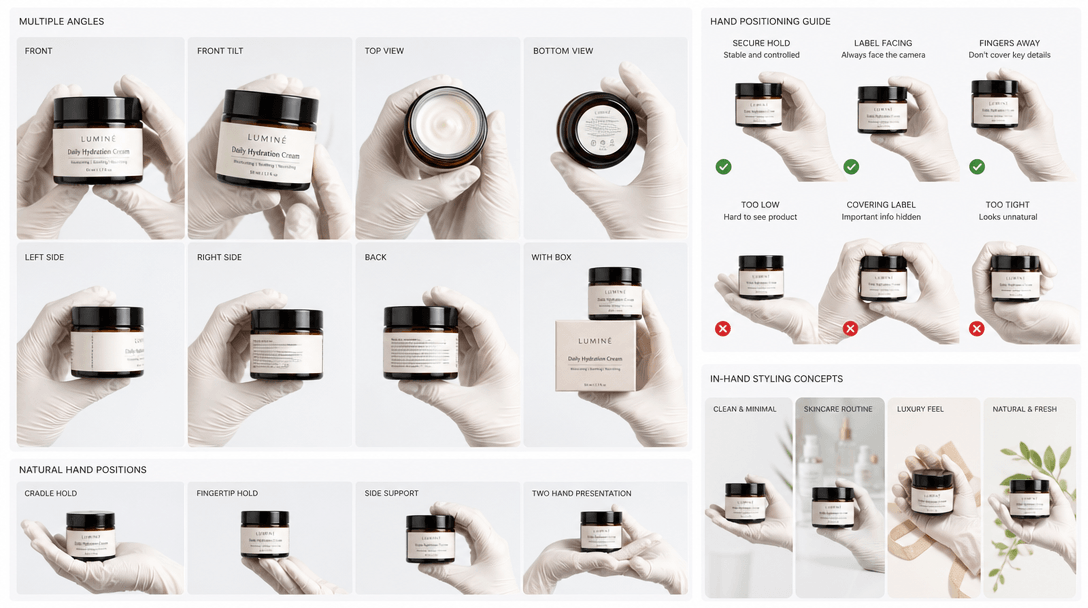 Product being held in gloved hands from multiple angles, hand positioning visualization, natural product holding techniq