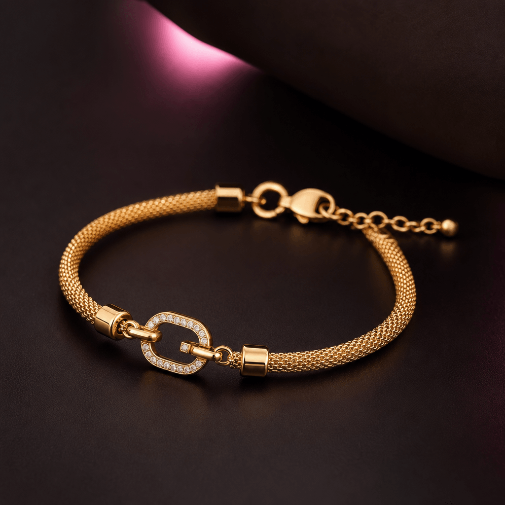 Elegant gold bracelet on dark background with soft pink accent lighting, luxury jewelry photography, minimalist composit