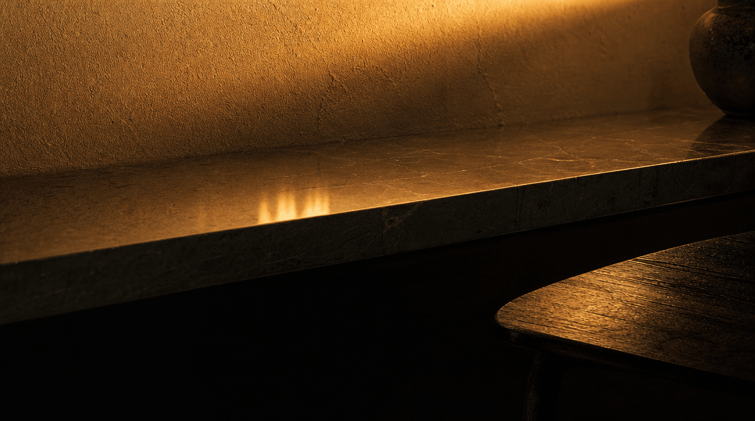 Abstract macro close-up of light falling across layered interior surfaces at dusk. Warm amber gradient washing over text