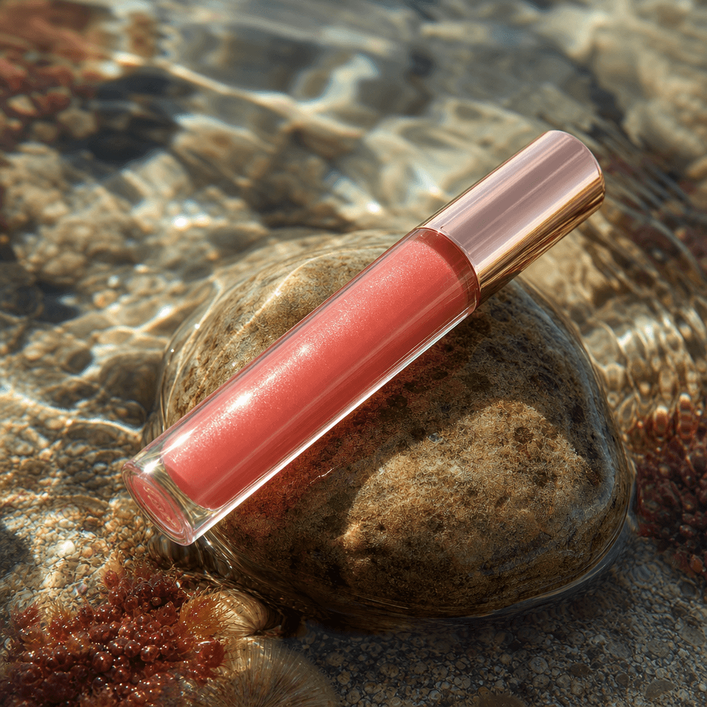 Coral-tinted lip gloss tube resting on a smooth tide-polished stone in shallow clear tidal pool water. Aqua reflections 