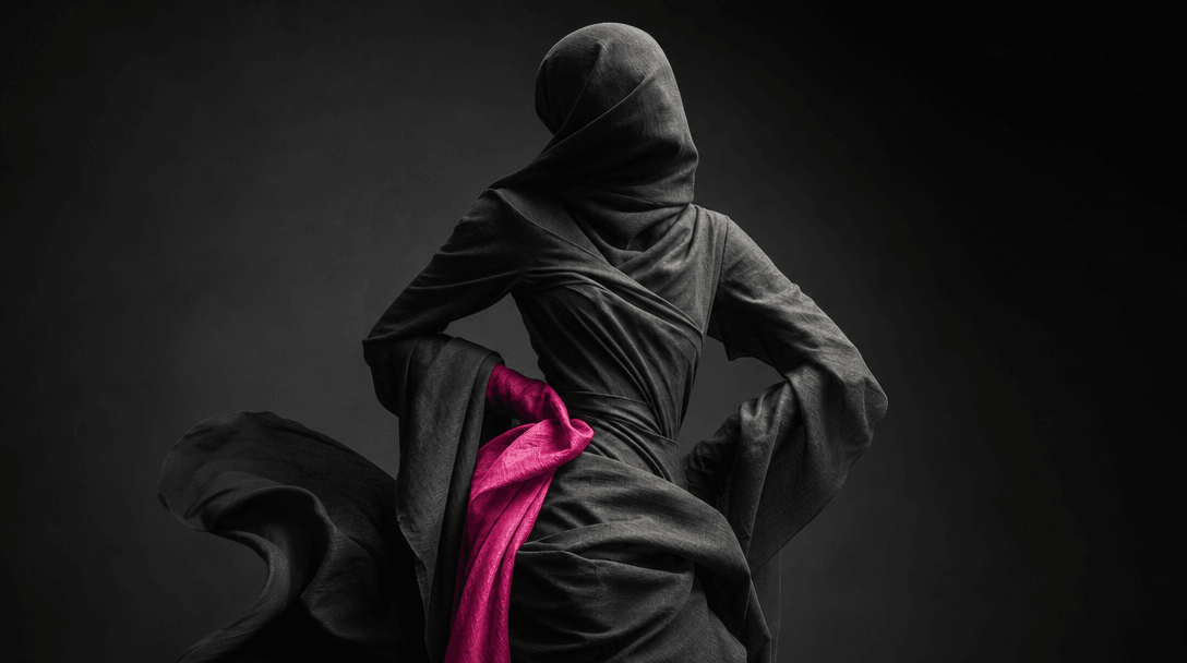 An abstract human silhouette formed from layered charcoal fabric and soft directional light, the pose preserved through 