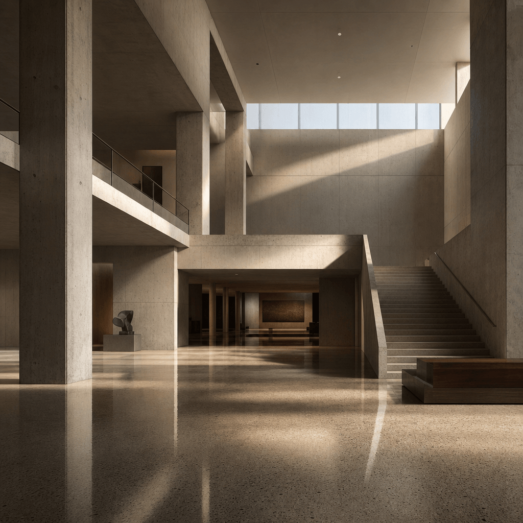 Interior architectural render of a double-height cultural institution lobby. Raw concrete columns, polished terrazzo flo