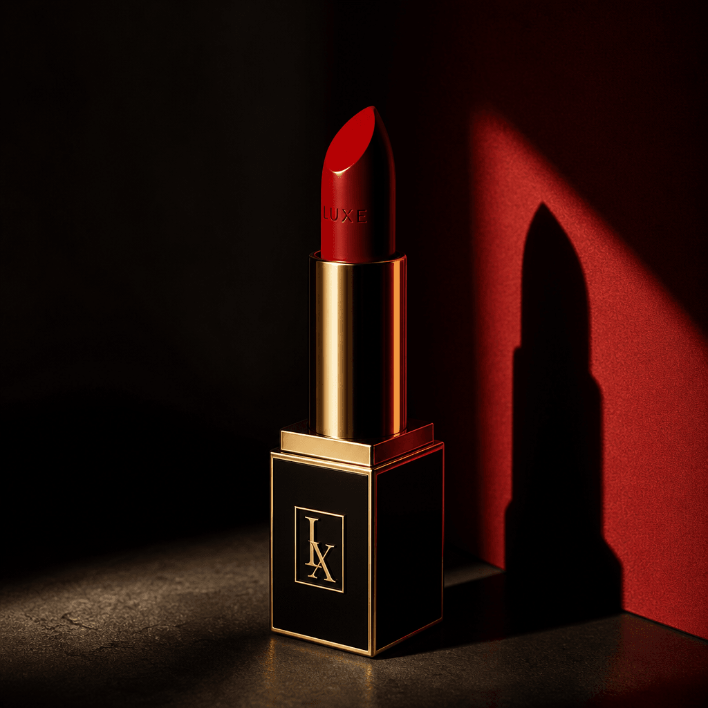 An artistic presentation of a lipstick tube, with shadows creating a dramatic effect that draws attention to its vibrant