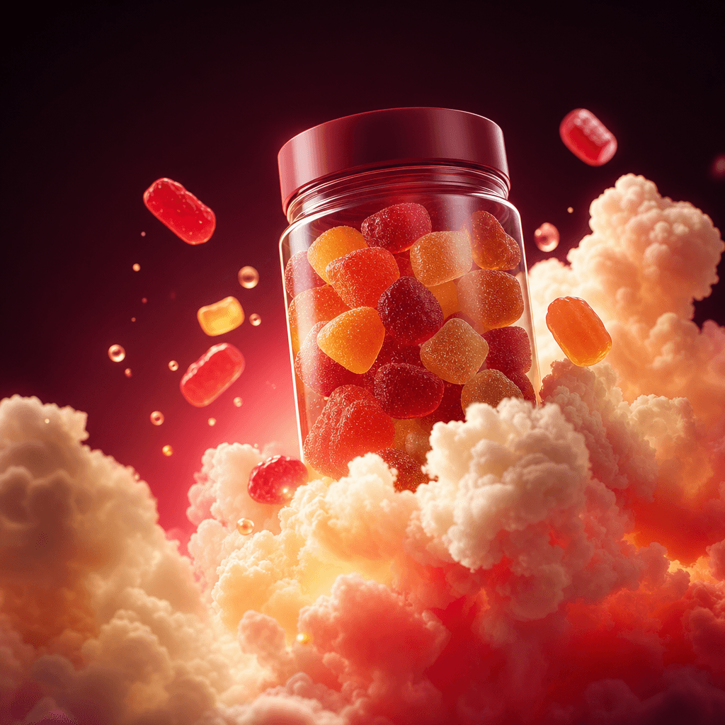 A colorful gummy supplement jar rising through luminous coral and cream clouds, playful surreal scale with polished comm