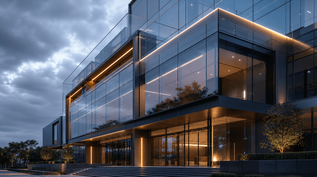 Hyper-detailed architectural print-quality hero shot of a modern glass commercial building facade — ultra-crisp curtain-