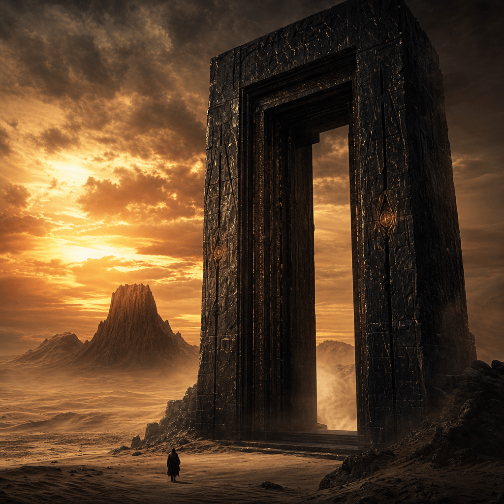 Epic fantasy cover concept showing a monumental obsidian doorway in a windswept desert at twilight, tiny distant travele