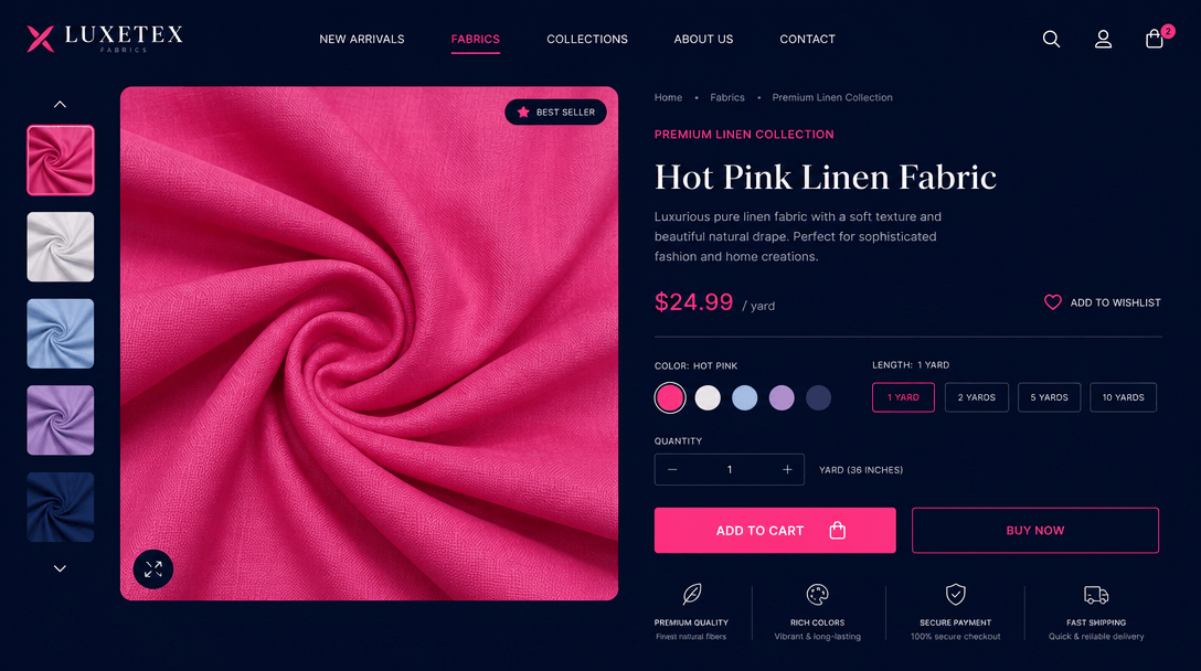 Modern ecommerce interface showing fabric variation gallery, hot pink and soft white accents, deep navy background, clea