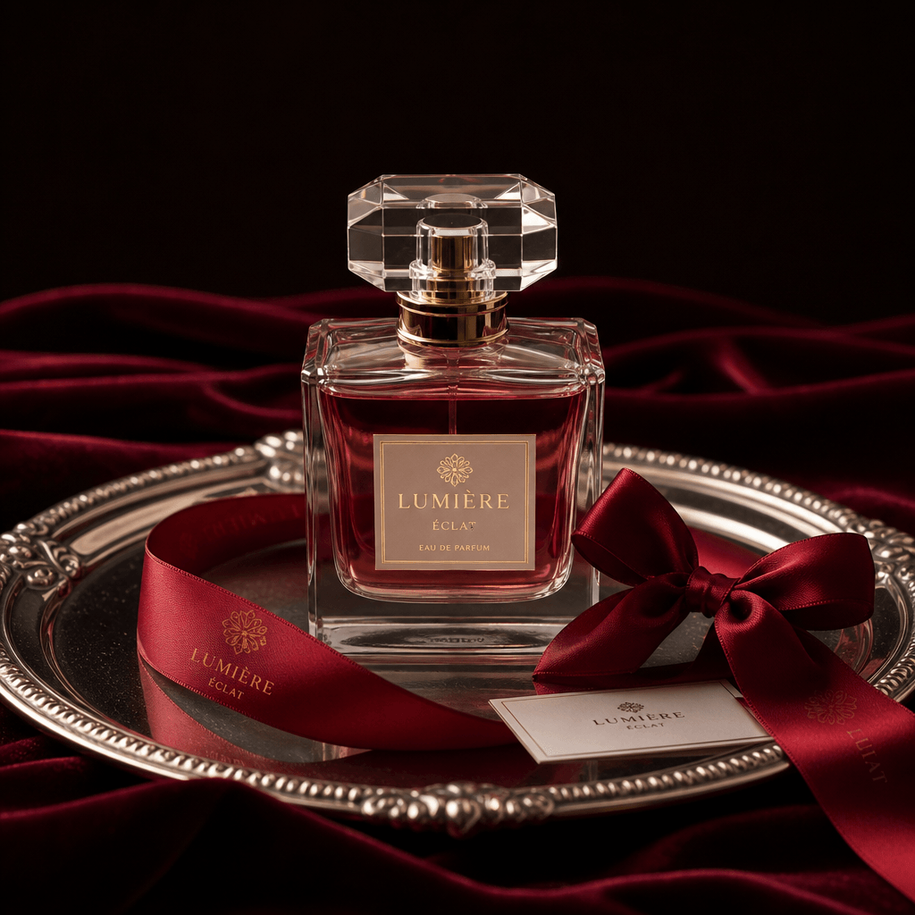 Perfume bottle on silver platter with red ribbon, luxurious minimalist presentation, dark rich background, refined light