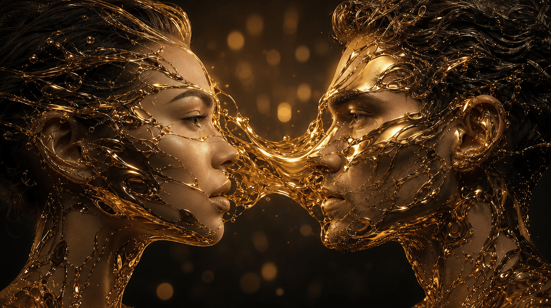Seamless face merge effect visualization, liquid metallic gold flowing and morphing between two faces, smooth liquid tra