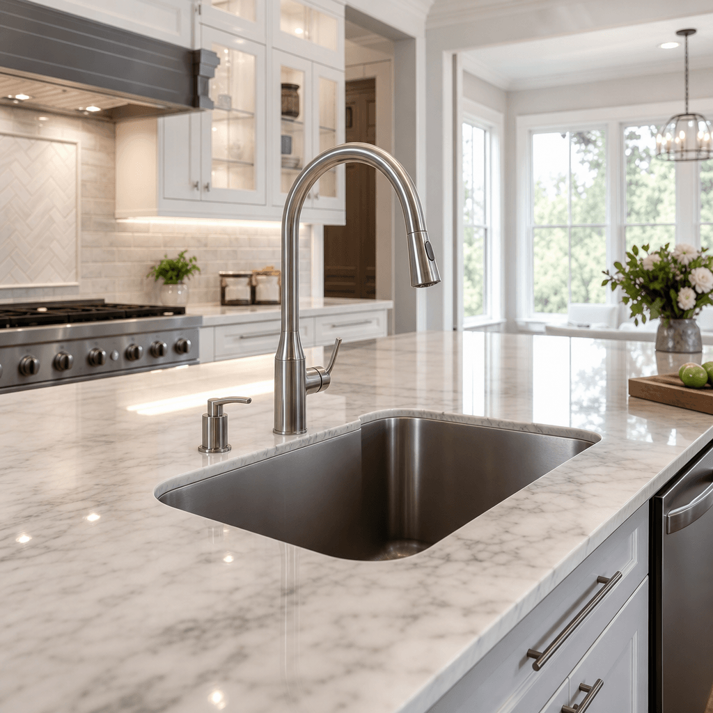 Premium kitchen countertop with marble surface and stainless steel fixtures, professional real estate photography, brigh