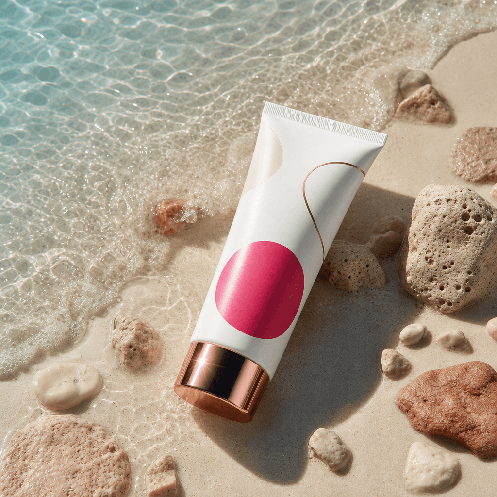 A sun-care tube on pale wet sand as a thin turquoise wave recedes around it, bright cinematic sunlight with deep editori
