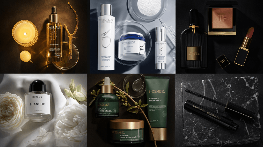 Overhead editorial flatlay: multiple beauty product compositions arranged in a precise grid on a matte black surface, ea