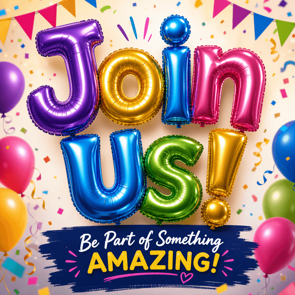 An event promotional image featuring balloon letters creatively arranged to spell 'Join Us!' against a festive backgroun