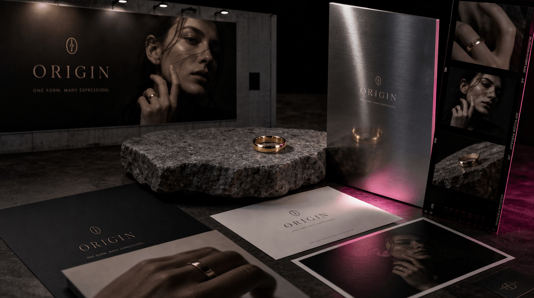 A coordinated campaign still life with one gold ring reflected across billboard paper, polished steel, stone, and photog
