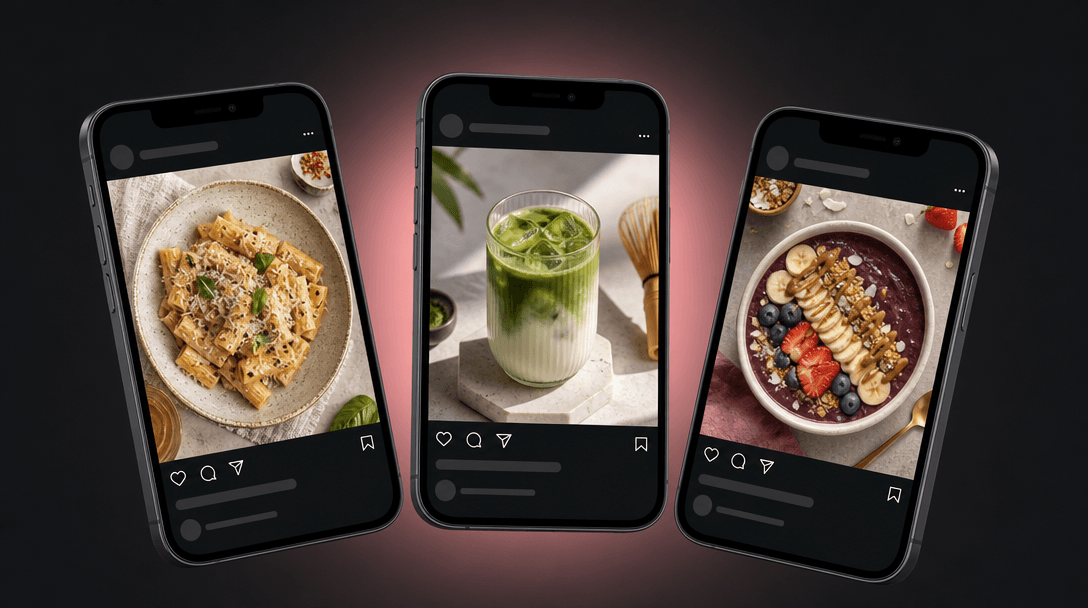 Wide scene of three floating smartphone frames at slight angles showing square food social posts — overhead pasta, an ic