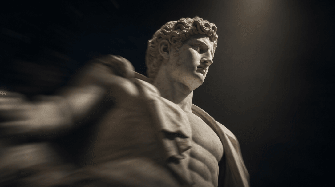 Stone statue with cinematic motion blur and camera movement, dark background with museum spotlight, dynamic reveal anima