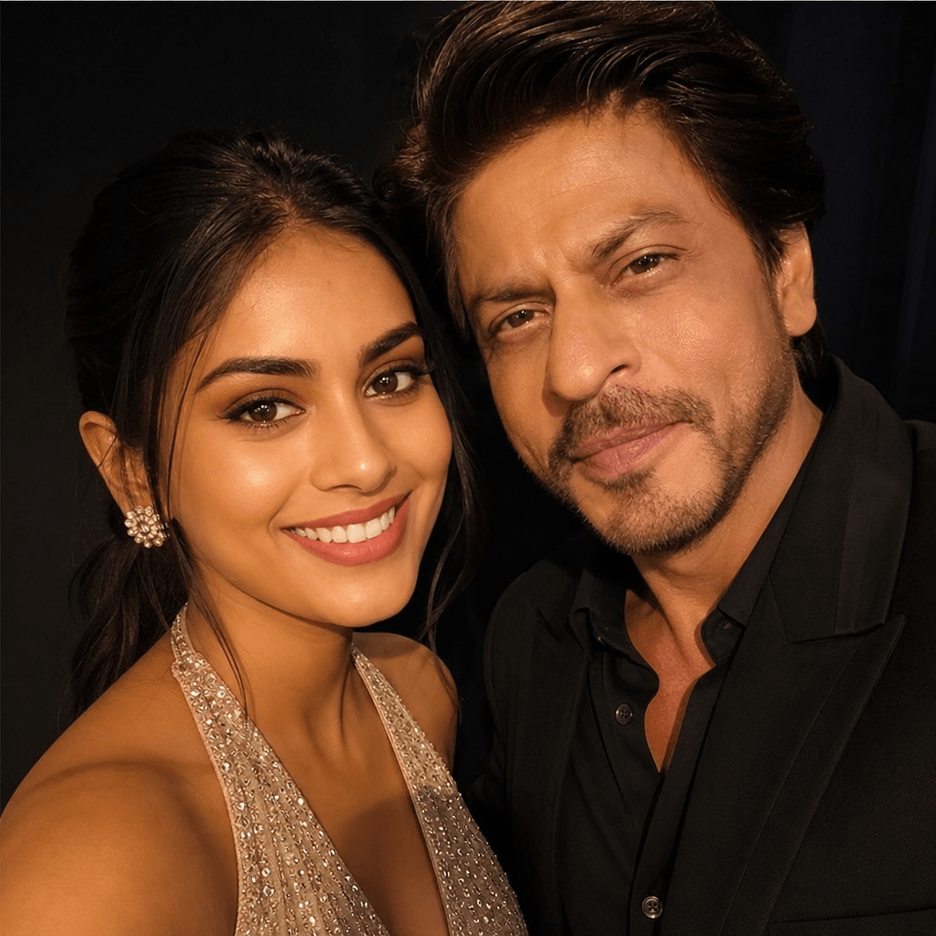 Professional celebrity selfie composition, studio lighting with warm golden key light, two faces blended seamlessly in s