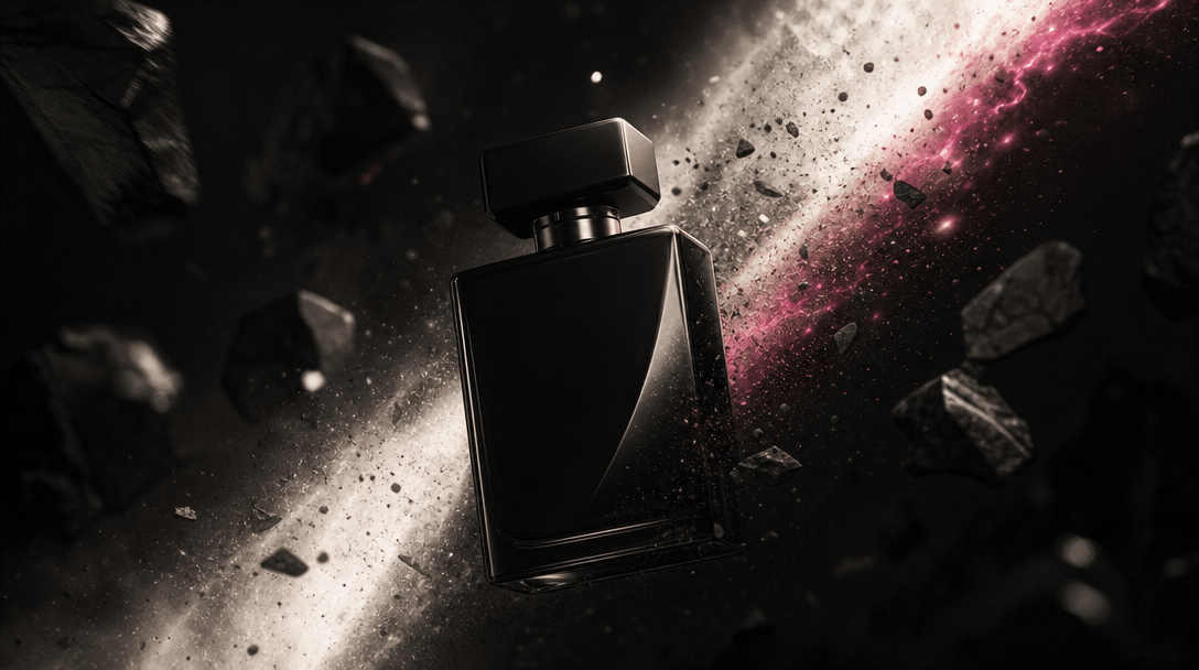 A single luxury product silhouette cutting through layered darkness with a sudden diagonal trail of light and atmospheri