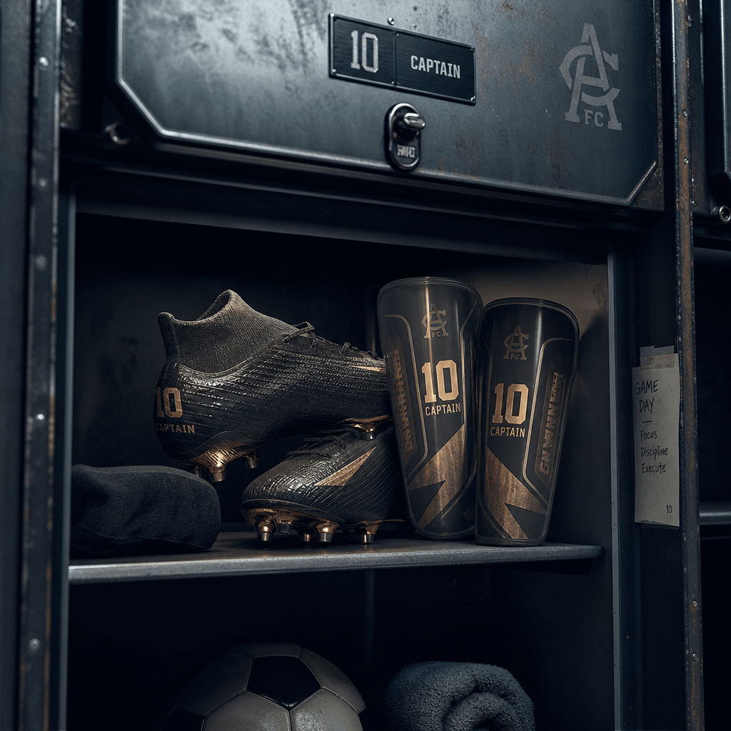 Soccer cleats and shin guards stacked in professional sports facility locker with dynamic studio lighting, weathered met