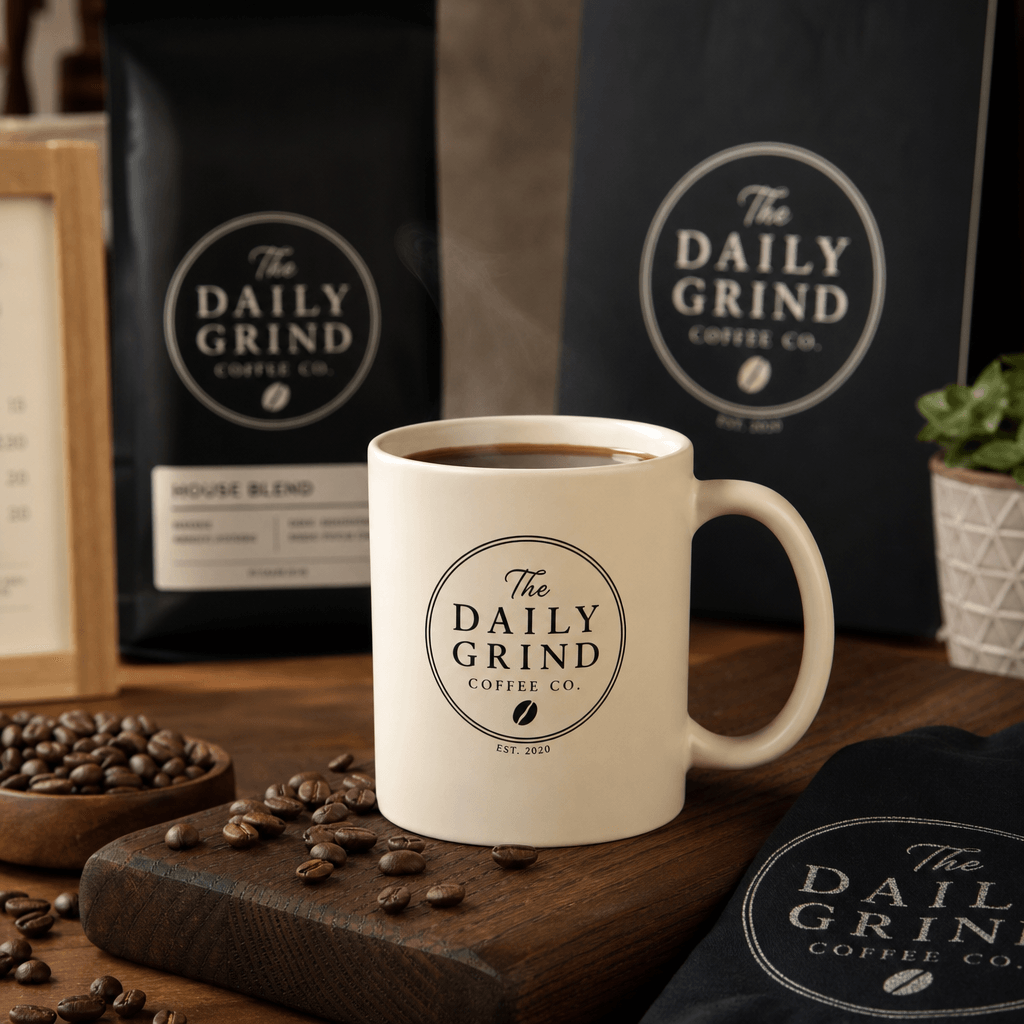 Custom café branded mug with logo, coffee shop flat lay, professional product shot, warm studio lighting, merchandise di
