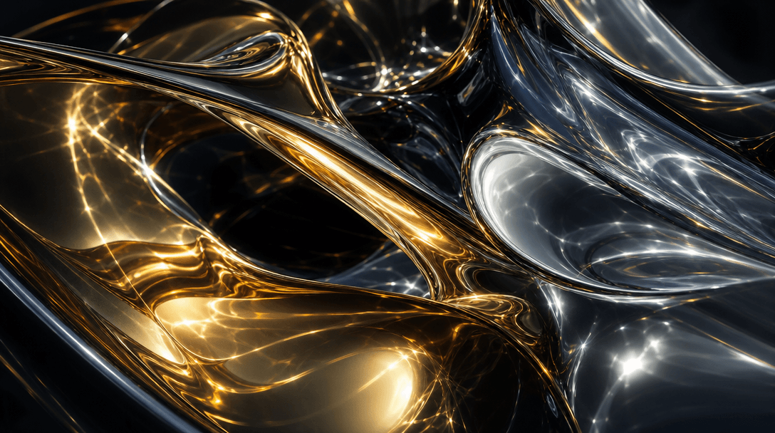Abstract macro study of polished gold and mirror-finish silver metallic surfaces, complex overlapping reflections and ca