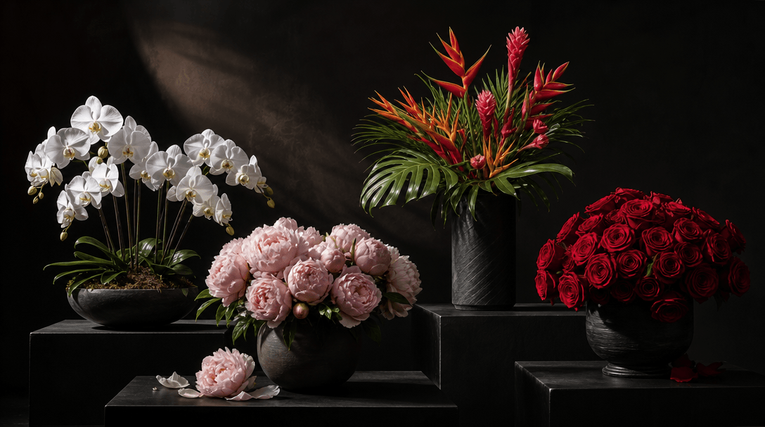 Four distinct floral arrangements suggested within one continuous dark studio scene: restrained white orchids, romantic 