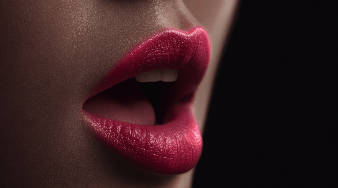 Extreme close-up macro photograph of animated lips mid-speech forming a word on a textured matte product surface, cinema